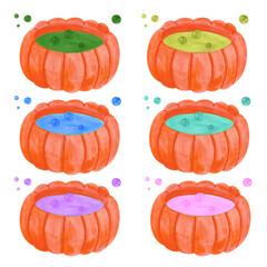 A magical pumpkin witch's cauldron with a bright, playful, and bubbly potion. The illustration is done in a watercolor style. This illustration is perfect for seasonal merchandise