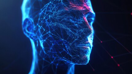 Innovative technology shows a digital human face with intricate blue network connections for modern AI concepts and the future of robotics