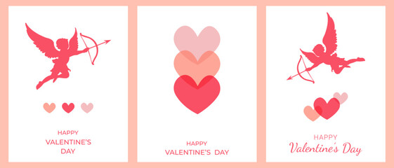Set of Valentine's Day invitation cards.Modern minimalist design with pink hearts and cupid on a white background.Vector template for cover,poster.