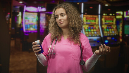 Woman doctor in pink scrubs holds a pill bottle in her right hand and gestures with left hand...