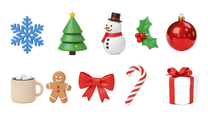 A joyful collection of 3D rendered Christmas and winter holiday icons, featuring a festive snowman, gingerbread man, gift, ornament, tree, snowflake, and hot cocoa, ideal for seasonal designs