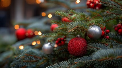 Fototapeta premium Close-up of evergreen branches adorned with vibrant red and silver ornaments, surrounded by soft glowing lights, creating a festive holiday atmosphere with seasonal charm