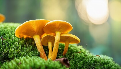 close up macro shot of yellow mushrooms growing on moss in a green forest