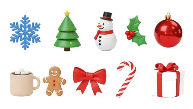 A joyful collection of 3D rendered Christmas and winter holiday icons, featuring a festive snowman, gingerbread man, gift, ornament, tree, snowflake, and hot cocoa, ideal for seasonal designs