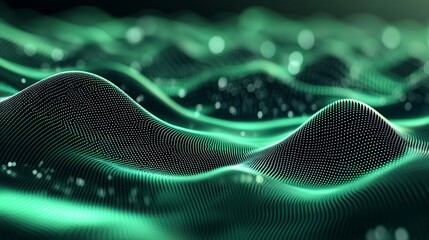 Stunning green abstract waves background with glowing particles for technology, science, or futuristic design projects giving dynamic modern feel