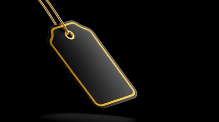 Fototapeta premium Black tag with a gold chain hanging from it is suspended in mid-air. The tag is positioned in the center of the image, and the chain is attached to it