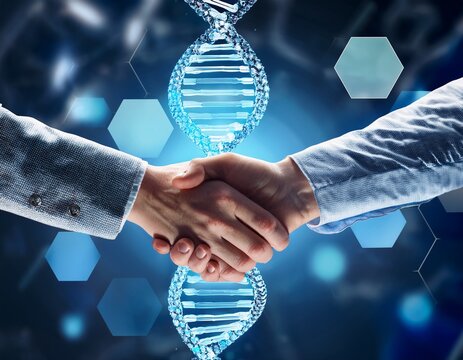 hands shaking with 3d dna molecule symbolizing collaboration and progress in technology and science
