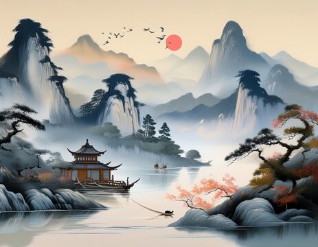 chinese ink and water landscape painting traditional artistic wallpaper