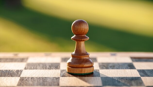 high resolution close up of a wooden chess pawn on a chessboard outdoors