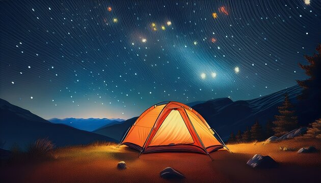 glowing orange tent under starry night sky - Powered by Adobe