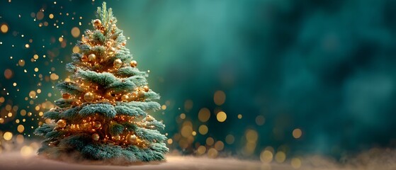 Enchanting Christmas Tree Scene with Glowing Lights and Bokeh Effects, Ideal for a Festive Holiday Greeting Card with Copy Space