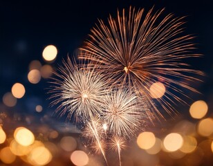 spectacular fireworks explode in a clear night sky above a blurred bokeh of warm lights