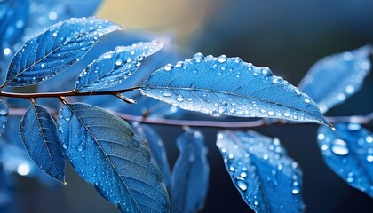 delicate blue leaves adorned with water droplets showcasing vibrant texture and freshness with a blurred background emphasizing exquisite details and a picturesque composition