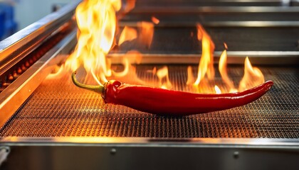 angry red chili pepper with flames on conveyor belt in food processing plant