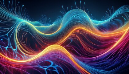 cascading waves of abstract neural impulses in vivid neon hues