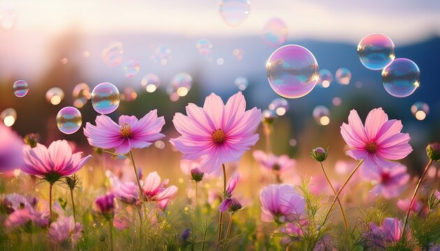 pink cosmos flowers with floating soap bubbles in a bright summer meadow - Powered by Adobe