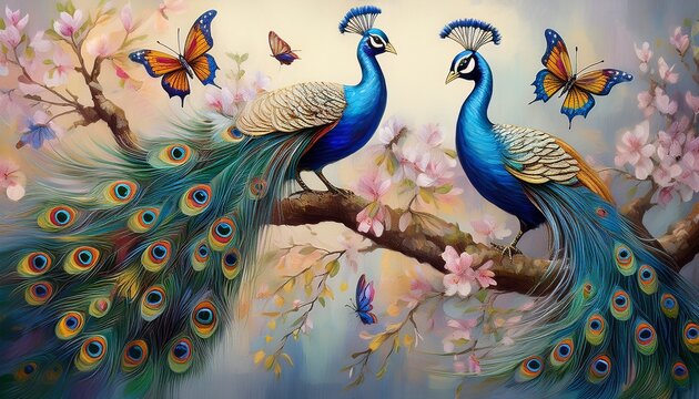 3d wallpaper oil painting tree branch with flowers oil painting two peacock with small and large butterflys - Powered by Adobe