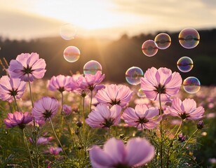 pink cosmos flowers in blooming field with soap bubbles and warm sunlight