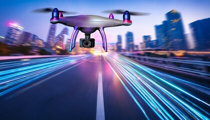 futuristic drone flying through city with neon light trails