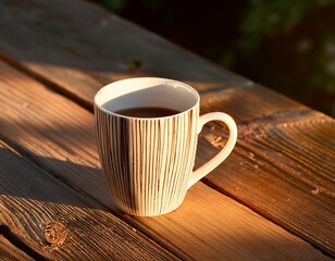 morning coffee mug in sunlit stripes on rustic wooden table