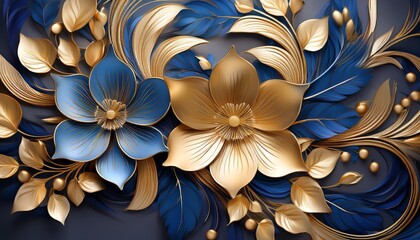 3d wallpaper design golden blue flowers