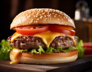 classic cheeseburger with melted cheese and tomato slice on sesame bun