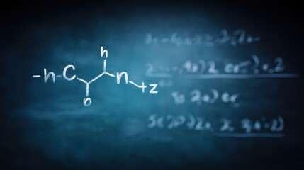 Chemical Structure of Organic Molecule on Abstract Background with Mathematical Equations and Formulas in Soft Focus
