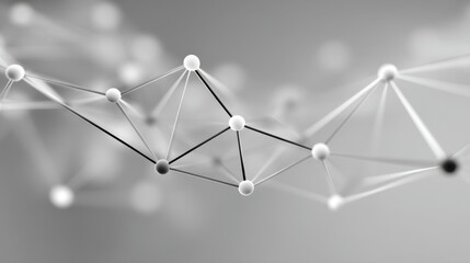 Abstract connection network structure with nodes and links representing data, technology, science, and communication in monochrome grayscale tones