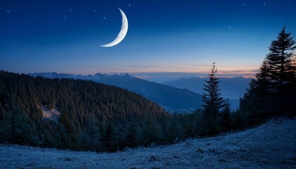 serene night landscape with crescent moon above mountain forest