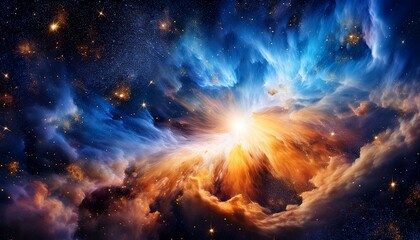 cosmic explosion with vibrant stars and colorful gas clouds showcasing a symphony of blue and gold hues evokes wonder and contemplation of the vastness of the universe