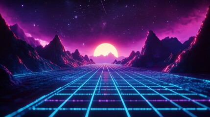 Stunning retro landscape with neon grid and vibrant sunset, perfect for futuristic designs, synthwave music visuals, and dynamic gaming backgrounds