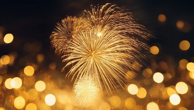 bright golden fireworks explode in the night sky with a bokeh of warm yellow lights in the foreground
