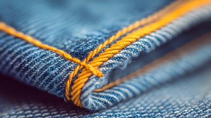 Close up of a pair of jeans with a yellow thread. The jeans are blue and yellow, and the yellow thread is visible on the blue fabric. The jeans have a unique and interesting design