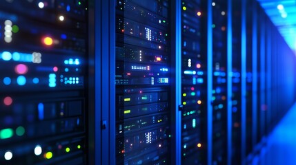 Powerful data servers humming in modern facility, showcasing advanced technology and reliable infrastructure for global network solutions