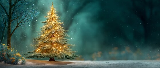Serene Christmas Scene with Decorated Tree in a Winter Landscape, perfect for holiday greeting cards and seasonal backgrounds with cinematic lighting