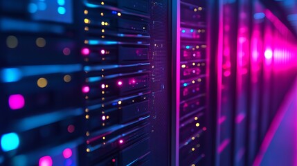 Modern server room with vibrant pink and blue lights for technology companies needing data solutions and cloud computing concepts showcased online
