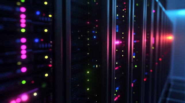 Secure data servers illuminate a modern network infrastructure, showcasing vibrant lights and powerful computing for global technology solutions - Powered by Adobe