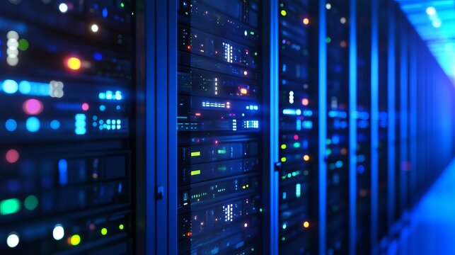Powerful data servers humming in modern facility, showcasing advanced technology and reliable infrastructure for global network solutions - Powered by Adobe