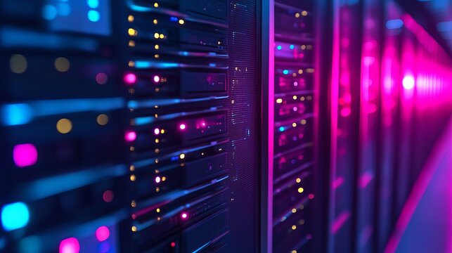 Modern server room with vibrant pink and blue lights for technology companies needing data solutions and cloud computing concepts showcased online - Powered by Adobe