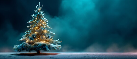Serene Christmas Tree with Glowing Lights Against a Moody Blue Backdrop, Creating a Festive and Peaceful Holiday Scene with Copy Space