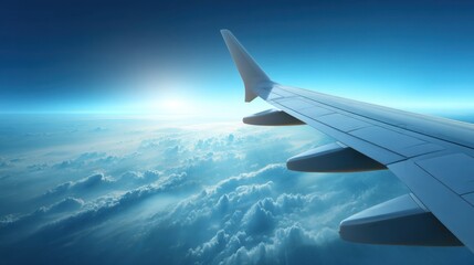 Fototapeta premium Breathtaking View of Airplane Wing Above Clouds with Blue Sky and Sunlight in Background During Air Travel Adventure at High Altitude