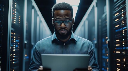 Focused IT professional managing critical data servers with a secure tablet, ensuring data integrity and system uptime in a modern data center environment