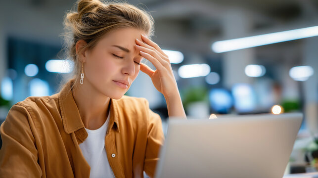 Business woman experiencing stress and headache with laptop overlay showing anxiety and pressure at office, tired young female software developer with migraine while coding, develo