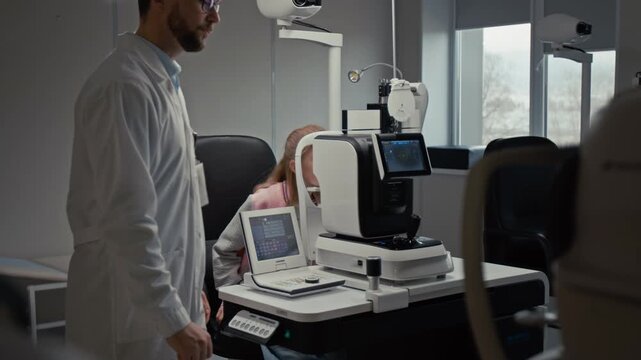 Scene of male doctor as optometrist performing eye test for young girl in clinic using modern diagnostic machine and giving instructions to little patient
