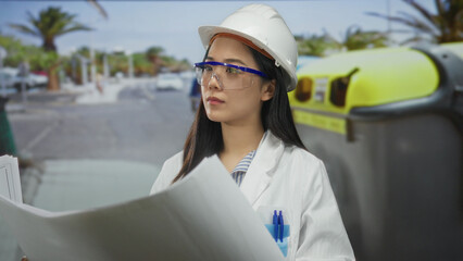 Woman architect analyzing blueprints outdoors near recycling containers wearing hardhat and glasses in a construction setting, focusing on project planning with precision.