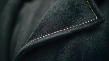 Close up of a black coat with a brown trim. The coat is made of a shiny material and has a slightly fuzzy appearance
