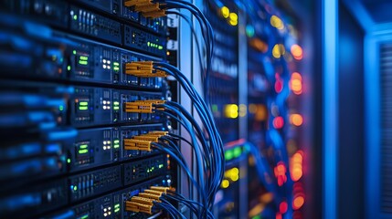 Powerful data servers with blinking lights and blue cables ensure reliable cloud computing for innovative digital solutions and global connectivity