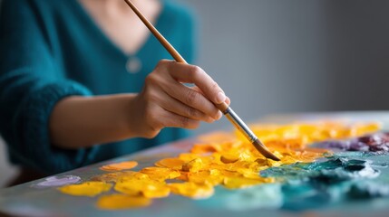 Fototapeta premium Close-Up of Artist's Hand Using Brush to Create Colorful Abstract Painting on Canvas with Vivid Acrylics, Soft Natural Light in Art Studio