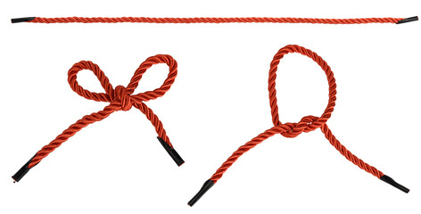 Three red braided cords with black tips, one straight tied in a bow and one tied in a simple knot