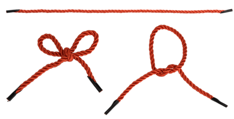 Three red braided cords with black tips, one straight tied in a bow and one tied in a simple knot